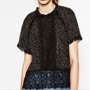 Zara Black Tweed and Lace Short Sleeve Blouse Size Small